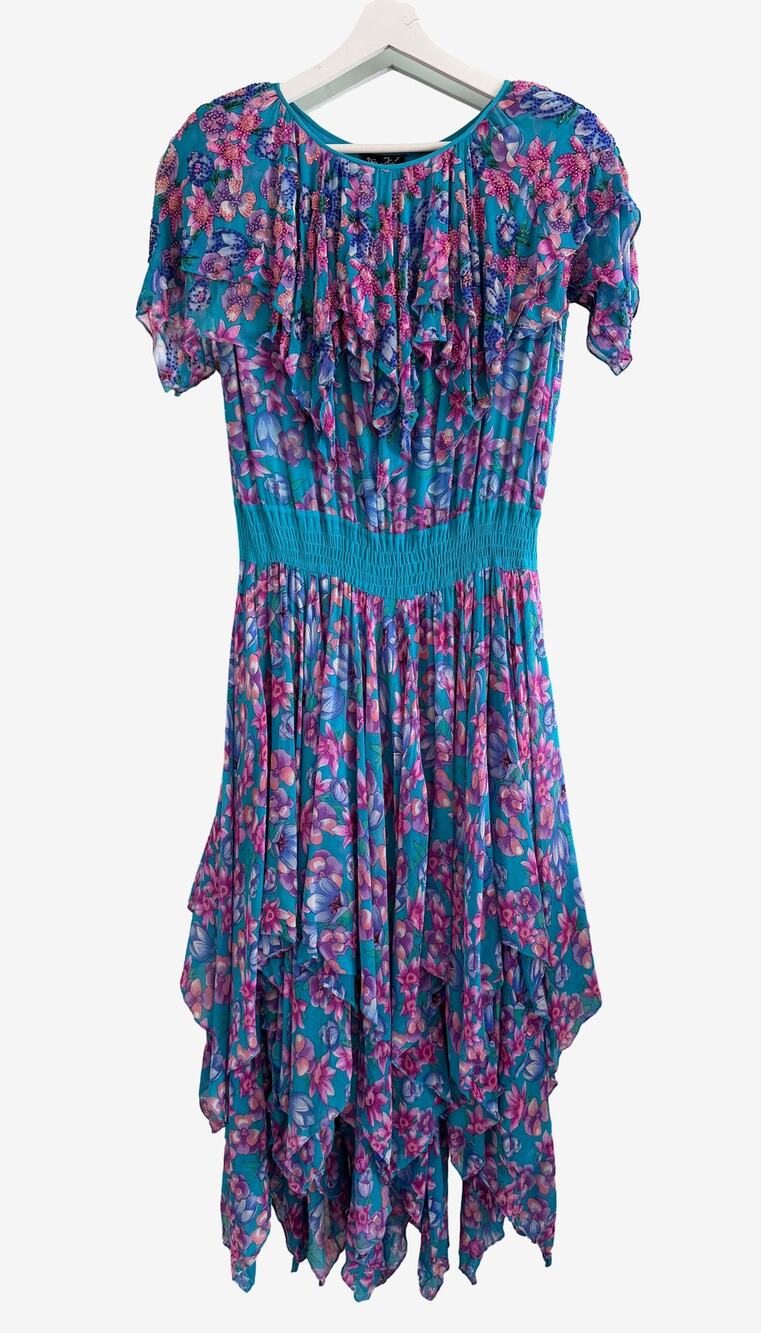 diane freis vintage 80s whimsical fairy silk beaded floral dress asymmetric rare